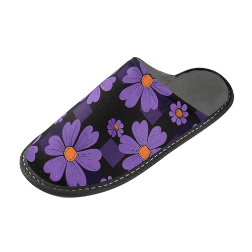 tplaotee Schwarze lila karierte Muster lila Blume warme Hausschuhe für Damen Indoor Hausschuhe Frauen mit Memory-Schaum für Haus, Schlafzimmer, Schwarz, Lila, Karomuster, lila Blume, 38.5/39 EU von tplaotee