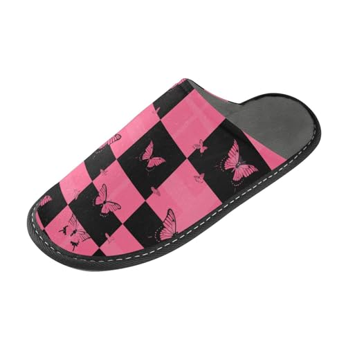 tplaotee Schwarze und rosa karierte Muster Schmetterlinge warme Hausschuhe für Damen und Frauen Hausschuhe Indoor mit Memory-Schaum für Haus, Schlafzimmer, Schwarz und Rosa Karomuster Schmetterlinge von tplaotee