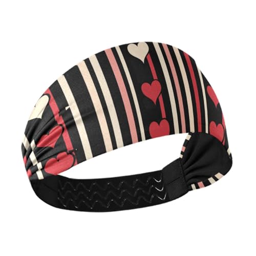 tplaotee Schweiß-Stirnband, gestreift, einfache Linie, Herz, Valentinstag, Schwarz / Rot, rutschfest, dehnbares Schweißband für Workout, Laufen, Tennis, Volleyball von tplaotee