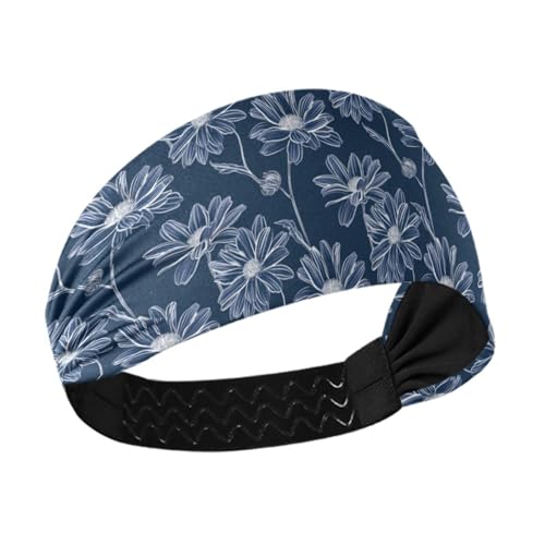 tplaotee Schweiß-Stirnband mit zarten Gänseblümchen-Umrissen, marineblau, kühlendes Schweißband, elastisches Schweißband für Damen, für Yoga, Yoga, Fußball, zum Waschen des Gesichts von tplaotee