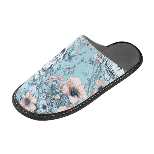 tplaotee Skull Death Flowers Warme Damen Hausschuhe Indoor Hausschuhe mit Memory Foam für Haus Schlafzimmer, Totenkopf-Blumen, 38.5/39 EU von tplaotee