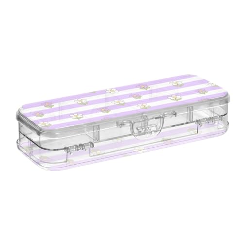 tplaotee Stiftebox mit zweistöckigem Stifteetui für Schreibwaren, mit Schnappdeckel, Violett und Weiß gestreift, Blumen-Design von tplaotee