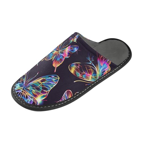 tplaotee Traumhaft bunte Schmetterlinge mit schwarzem Hintergrund, warme Damen-Hausschuhe für Damen, Innenbereich, mit Memory-Schaum, für Haus, Schlafzimmer, Traumhaft bunte Schmetterlinge, schwarzer von tplaotee