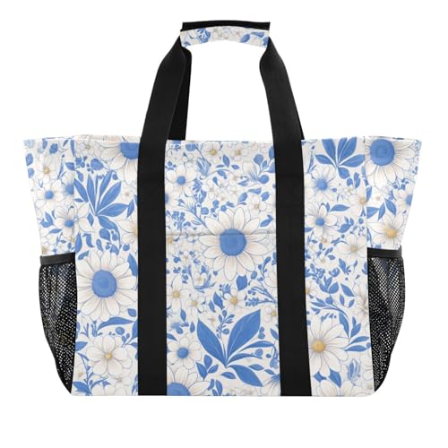 tplaotee Trendige Mehrzweck-Tragetasche für Damen, wiederverwendbar, faltbar, Strandtasche, sanddicht, Segeltuch, Tragetasche für Auto, Gänseblümchenblau von tplaotee
