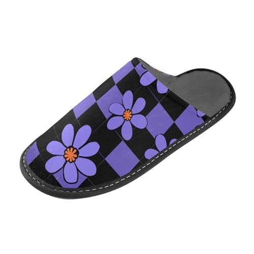 tplaotee Warme Hausschuhe für Damen, mit Memory-Schaum, kariertes Muster, Blumenmuster, Schwarz und Violett, Schwarz und Lila Karomuster Blumen, 37.5/38 EU von tplaotee