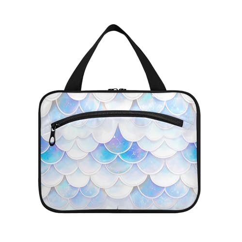 tplaotee Weiße Fischschuppen-Schimmernde hängende Make-up-Tasche für Frauen mit Haken, faltbares Designer-Rasierset für Reisende, Badezimmer, Maletín para maquillaje M, Weiße Fischschuppe schimmernd von tplaotee