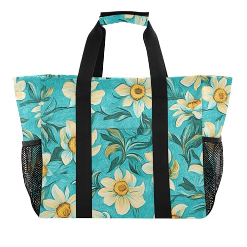 tplaotee Wiederverwendbare Einkaufstasche, Motiv: Ölgemälde mit weißen Gänseblümchen, zusammenklappbar, Strandtasche, sanddichte Leinen-Wäsche-Tragetasche von tplaotee
