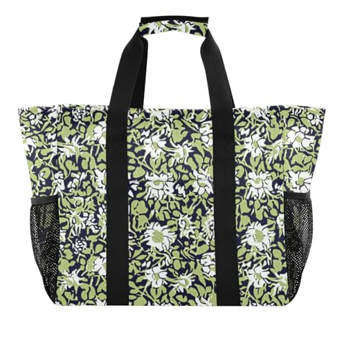 tplaotee Wiederverwendbare Einkaufstasche für Damen, Motiv: Blumen und Weiße, grüne Blätter, faltbar, Strandtasche, sanddicht, mit Griffen, Leinen, Wäschesack von tplaotee