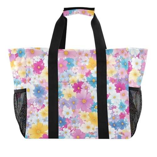 tplaotee Wiederverwendbare Einkaufstasche mit bunten Blumen, faltbar, Strandtasche, sanddicht, mit Griffen, Tragetasche für Auto von tplaotee
