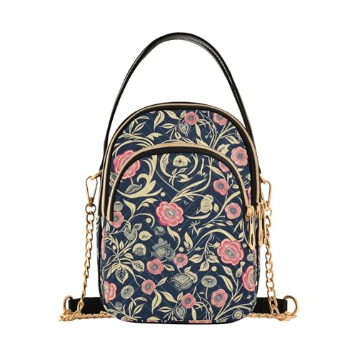 tplaotee William Morris Style Floral Dunkelblau Pfirsich trendige kleine Geldbörse für Frauen Crossbody mit mehreren Taschen Handtasche für Frau von tplaotee