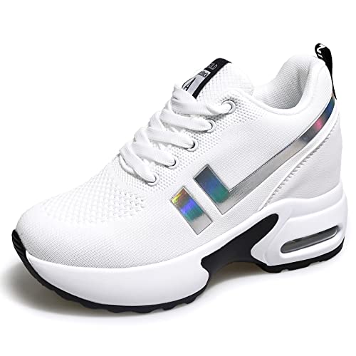 tqgold® Wedges Sneaker Damen mit Keilabsatz 8cm Sportschuhe Turnschuhe Plateau Schuhe Weiß Größe 36 von tqgold