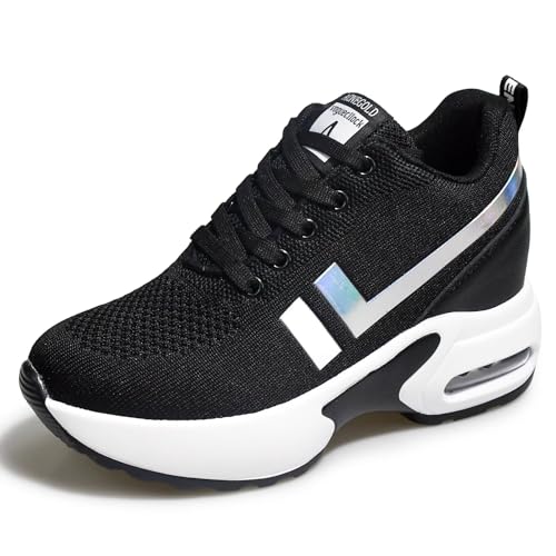 tqgold® Wedges Sneaker Damen mit Keilabsatz 8cm Turnschuhe Sportschuhe Plateau Schuhe Weiß Schwarz Grau Schwarz 39 von tqgold