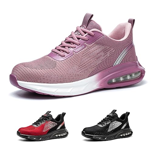 tqgold Arbeitsschuhe Herren Damen Sicherheitsschuhe Leicht Atmungsaktiv rutschfest Luftkissen Sneaker Sportlich Schutzschuhe mit Stahlkappen Schuhe(Rosa,37EU) von tqgold