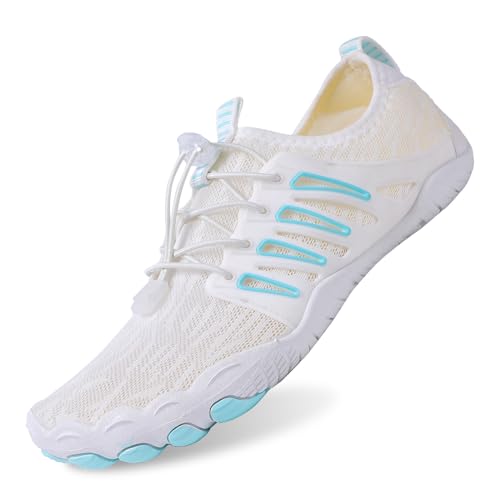 tqgold Barfußschuhe Damen Sommer Badeschuhe Herren Barfussschuhe Wasserschuhe Quick Dry Aquaschuhe Atmungsaktiv utschfeste Strandschuhe Schwimmschuhe Fitnessschuhe(818 Weiß Blau,39EU) von tqgold