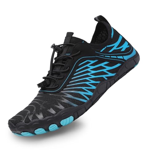 tqgold Barfußschuhe Damen Sommer Badeschuhe Herren Barfussschuhe Wasserschuhe Quick Dry Aquaschuhe Atmungsaktiv utschfeste Strandschuhe Schwimmschuhe Fitnessschuhe(8305 Schwarz Blau,43EU) von tqgold