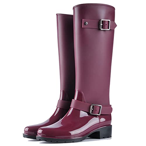 tqgold Gummistiefel Damen Langschaft Festival Hoch Regenstiefel mit Reißverschluss Absatz Leicht Modern Eva Wellington(Rot,Größe36) von tqgold