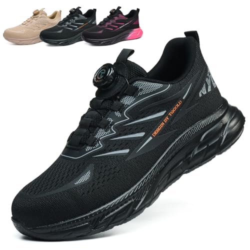 tqgold Sicherheitsschuhe Herren Arbeitsschuhe Damen Leicht Sportliche Stahlkappenschuhe Atmungsaktiv Schutzschuhe mit Drehverschluss Schnürsenkeln Arbeitsturnschuhe (Schwarz,44EU) von tqgold