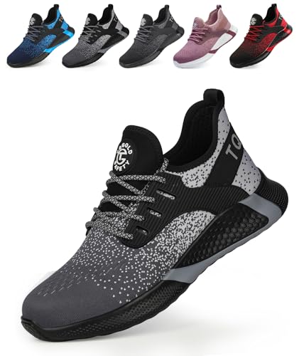 tqgold Sicherheitsschuhe Herren Arbeitsschuhe Damen Stahlkappenschuhe Leicht Atmungsaktiv Schutzschuhe rutschfest Sportlich Industrie Schuhe(8195 Grau,41EU) von tqgold