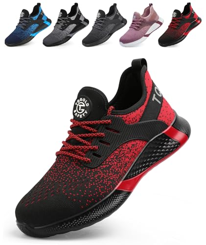 tqgold Sicherheitsschuhe Herren Arbeitsschuhe Damen Stahlkappenschuhe Leicht Atmungsaktiv Schutzschuhe rutschfest Sportlich Industrie Schuhe(8195 Rot,39EU) von tqgold