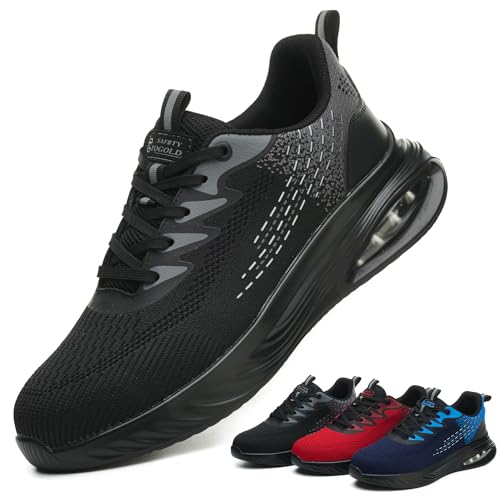 tqgold Sicherheitsschuhe Herren Damen Arbeitsschuhe Leicht Sportlich Stahlkappenschuhe rutschfest Schutzschuhe mit Stahlkappe Atmungsaktive Arbeitsturnschuhe (Schwarz,45EU) von tqgold