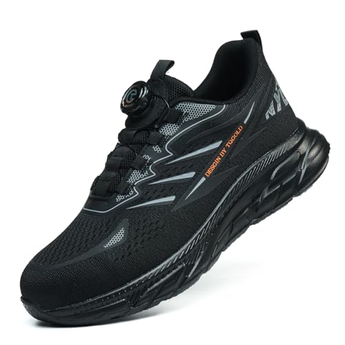 tqgold Sicherheitsschuhe Herren Damen Leichte Arbeitsschuhe Ohne Binden Drehverschluss Schutzschuhe Atmungsaktiv Anti Smashing Stahlkappenschuhe(8596 Schwarz,45EU) von tqgold