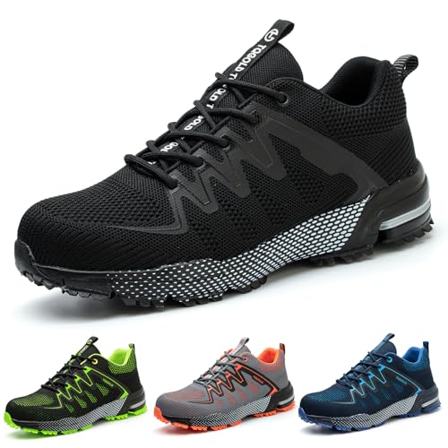 tqgold Unisex Sicherheitsschuhe Herren Damen Arbeitsschuhe Leicht Schutzschuhe Stahlkappenschuhe Sportlich rutschfest Atmungsaktiv (Größe 46EU,Schwarz) von tqgold