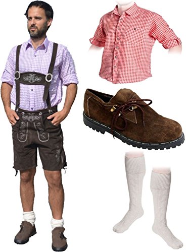 Herren Trachten Set B 5-teilig Trachten Lederhose * kurz * DUNKELBRAUN 46-60 Trachtenhemd Schuhe Socken Oktoberfest von trachenlederhosen24