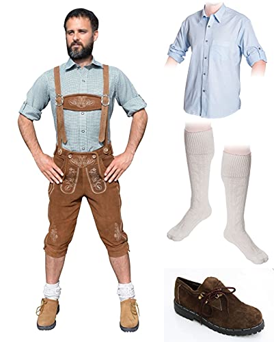 Herren Trachten Set C 5-teilig Trachten Lederhose HELLBRAUN 46-60 Trachtenhemd Schuhe Socken Oktoberfest von trachenlederhosen24