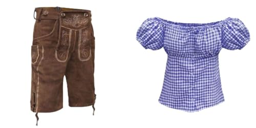 Trachtenset Kurze Damen Trachten Lederhose braun inkl. Trägern aus feinstem Rindveloursleder Bluse blau (Hose 46 Bluse 44) von trachtenlederhosen24