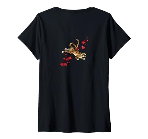 Damen Japanischer Tiger und Sakura-Blüte im Vintage-Stil T-Shirt mit V-Ausschnitt Damen Japanischer Tiger und Sakura-Blüte im Vintage-Stil T-Shirt mit V-Ausschnitt von traditional Japanese symbolism
