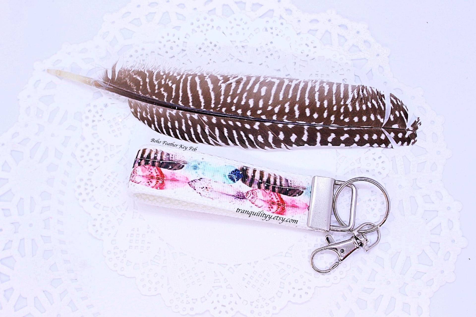Boho Feder Schlüsselanhänger Band & Baumwollgurtband Als Schlüsselanhänger von tranquilityy