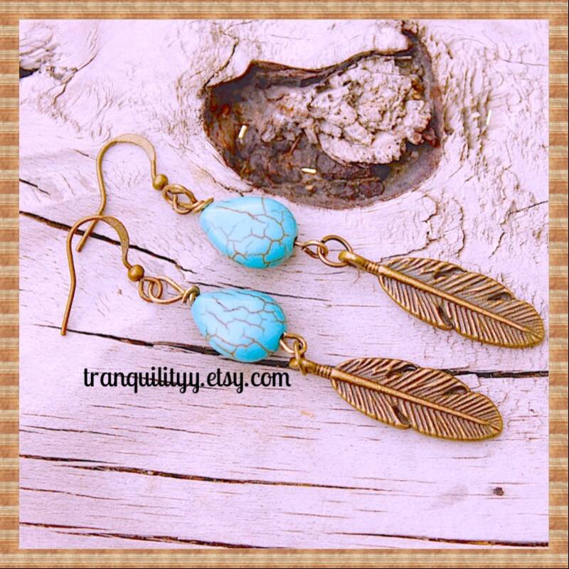 Boho Türkis Blatt Ohrringe Bronze Feder Ohrringe Boho Türkis Blatt Ohrringe Bronze Feder Ohrringe von tranquilityy