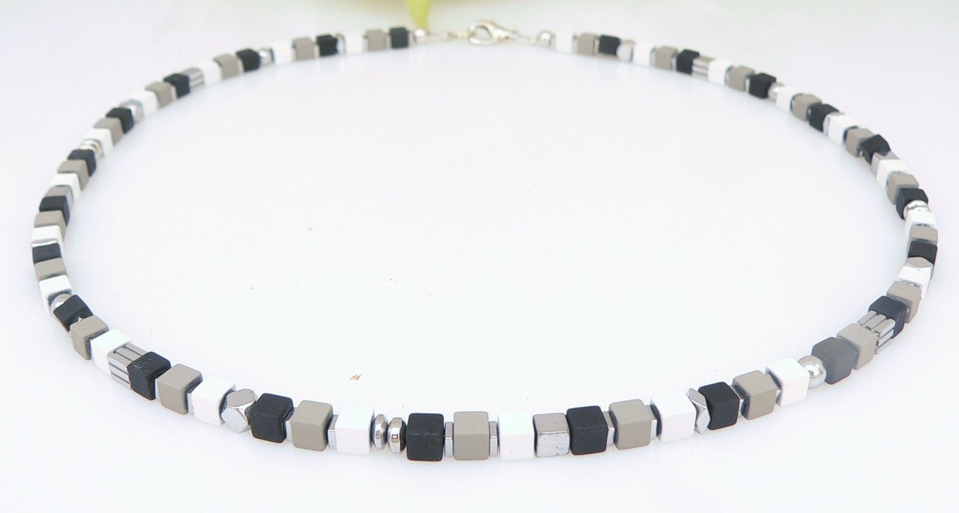 traumschmuck Collier 071b Halskette Würfelkette Hämatit matt schwarz weiß grau silber (Geschenk, Muttertag, Weihnachten, Geburtstag, Valentinstag, incl. Schmuckbox), handgefertigt, Made in Germany von traumschmuck