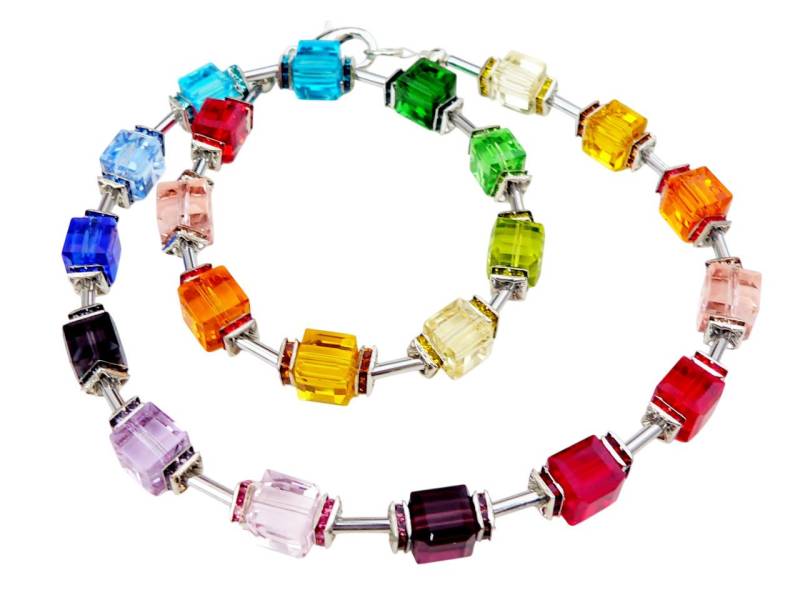 traumschmuck Collier 080c Collier Würfel Kristallglas bunt Straßquadrate (inkl Schmuckbox), handgefertigt, Made in Germany von traumschmuck