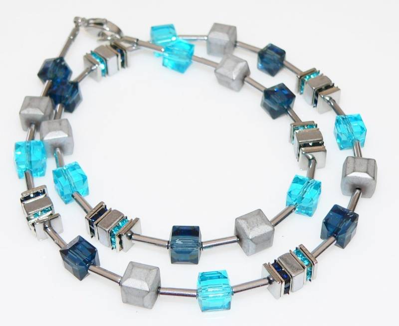 traumschmuck Collier 082c WürfelketteHalskette Collier Hämatit silber grau Kristallglas (incl. Schmuckbox), handgefertigt, Made in Germany von traumschmuck