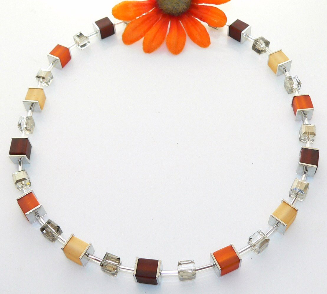 traumschmuck Collier 099f Collier Würfelkette Kristall Glas Polaris braun beige camel rost (inkl Schmuckbox), handgefertigt, Made in Germany von traumschmuck