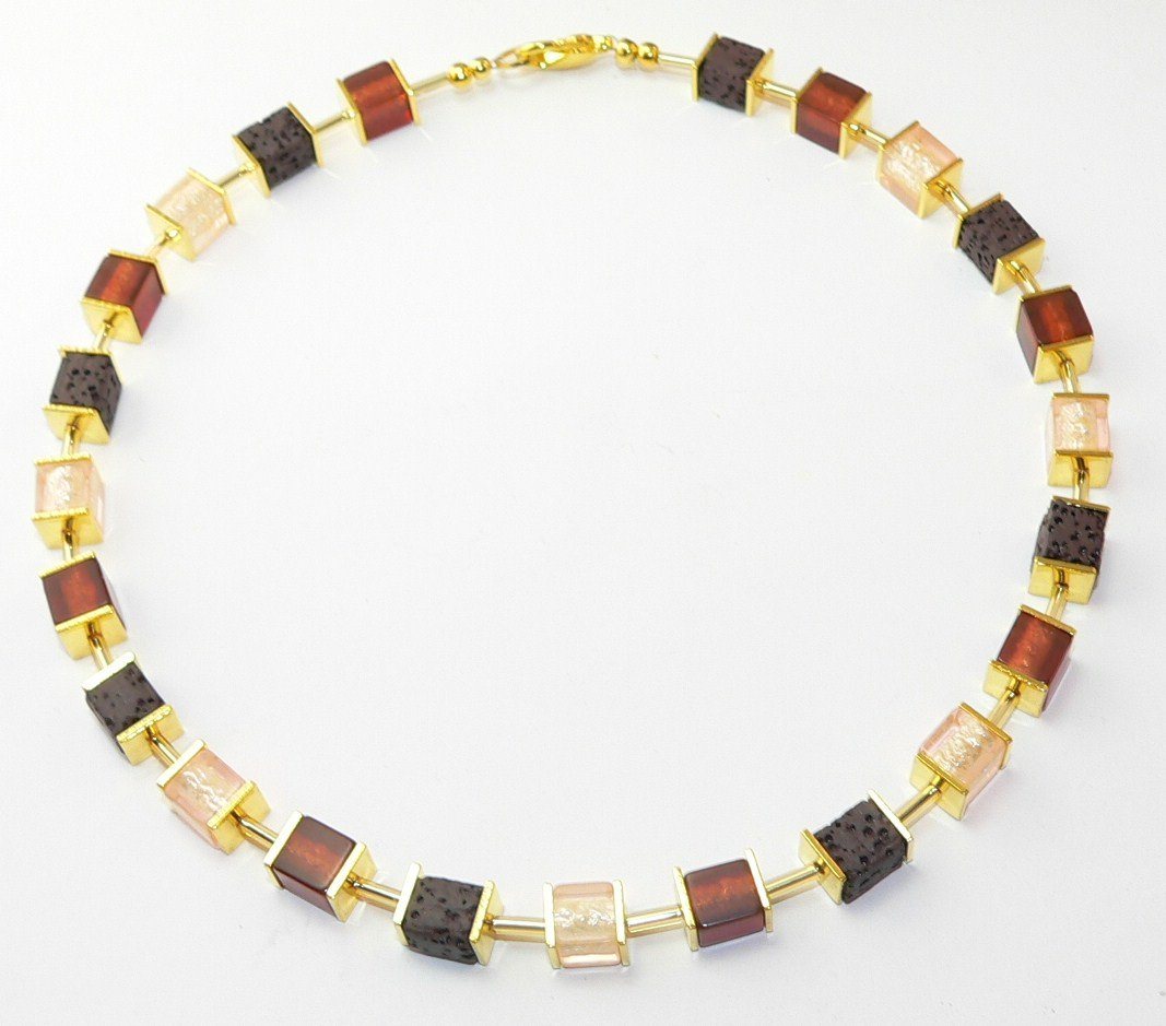 traumschmuck Collier 106a Collier Halskette Würfel Glas Lava Harz beige braun goldfarben (Geschenk, Muttertag, Weihnachten, Geburtstag, Valentinstag, inkl Schmuckbox), Made in Germany, handgefertigt von traumschmuck