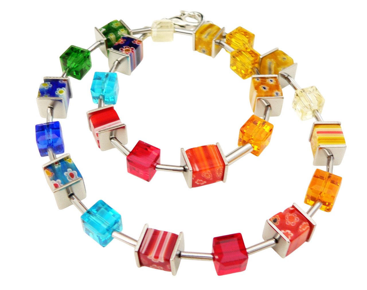 traumschmuck Collier 107c Collier Würfel Glas Millefiori Kristallglas facettiert bunt (inkl Schmuckbox), handgefertigt, Made in Germany von traumschmuck
