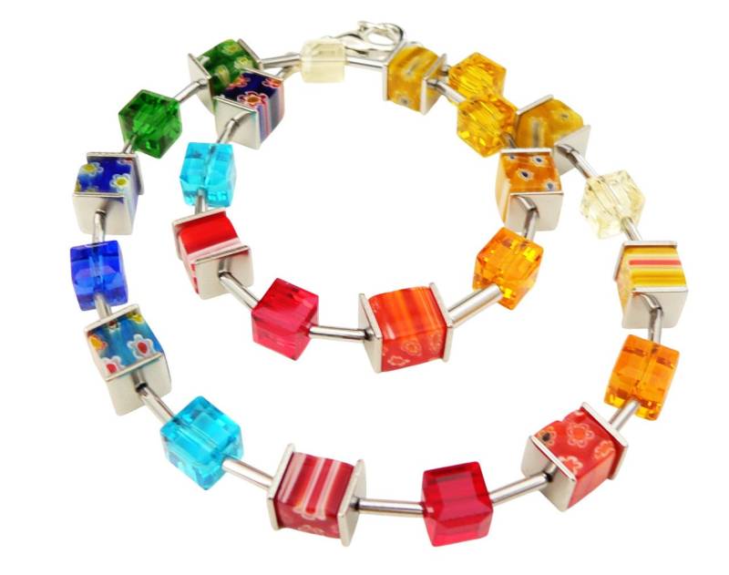 traumschmuck Collier 107c Collier Würfel Glas Millefiori Kristallglas facettiert bunt (inkl Schmuckbox), handgefertigt, Made in Germany von traumschmuck