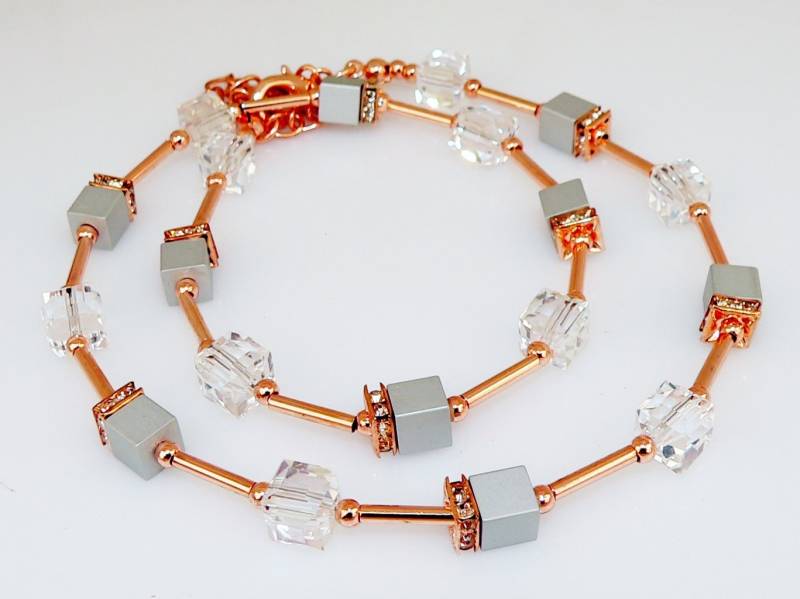 traumschmuck Collier 209u Collier Aluwürfel Cube silberfarben Kristallglas roségold Strass (inkl Schmuckbox), handgefertigt von traumschmuck