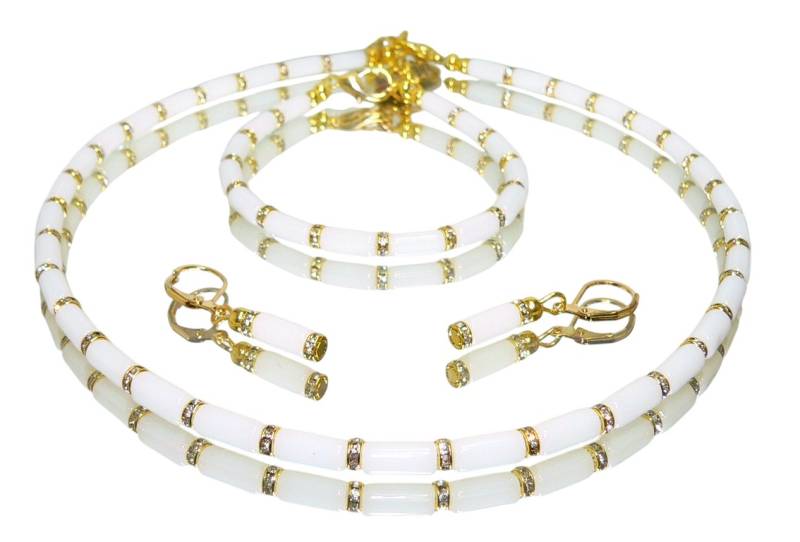 traumschmuck Collier 328c 3er Schmuckset Halskette Armband Ohrringe Jade style weiß Strass (3 tlg. Schmuckset, Halskette, Armband, Ohrringe, incl. Schmuckbox), handgefertigt, Made in Germany von traumschmuck