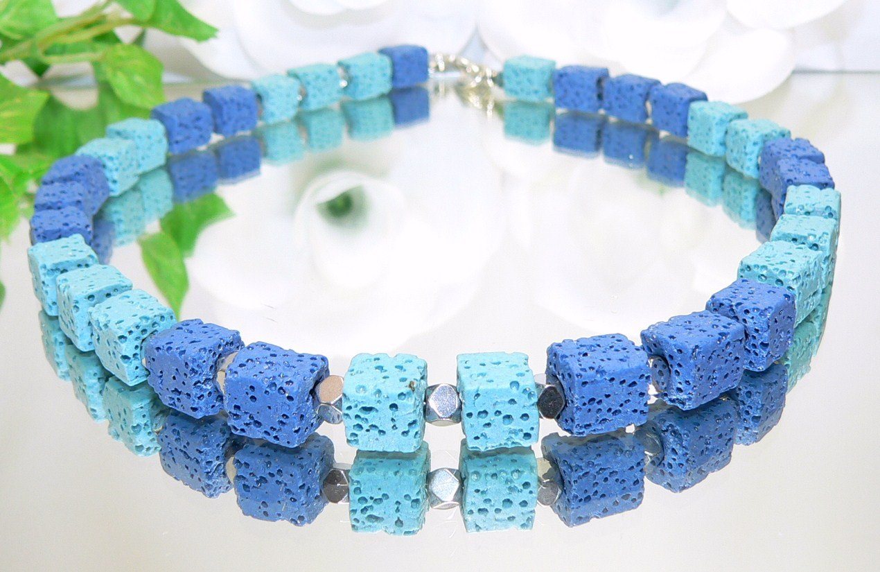 traumschmuck Collier 457m Halskette Würfelkette Lava blau hellblau dunkelblau (incl. Schmuckbox), handgefertigt, Made in Germany von traumschmuck