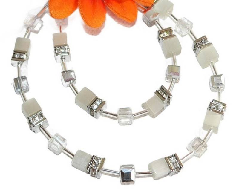 traumschmuck Collier 507e Collier Cube Cat Eye weiß Kristallglas grau Ab Strass (inkl Schmuckbox), handgefertigt, Made in Germany von traumschmuck