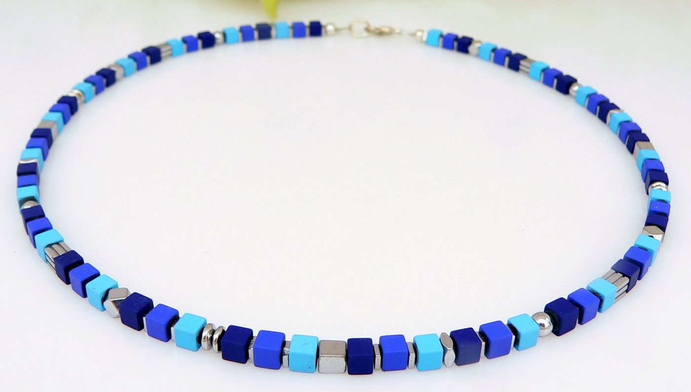 traumschmuck Collier 071. Halskette Würfelkette Hämatit matt blau hellblau türkis blautöne (Geschenk, Muttertag, Weihnachten, Geburtstag, Valentinstag, incl. Schmuckbox), handgefertigt, Made in Germany von traumschmuck