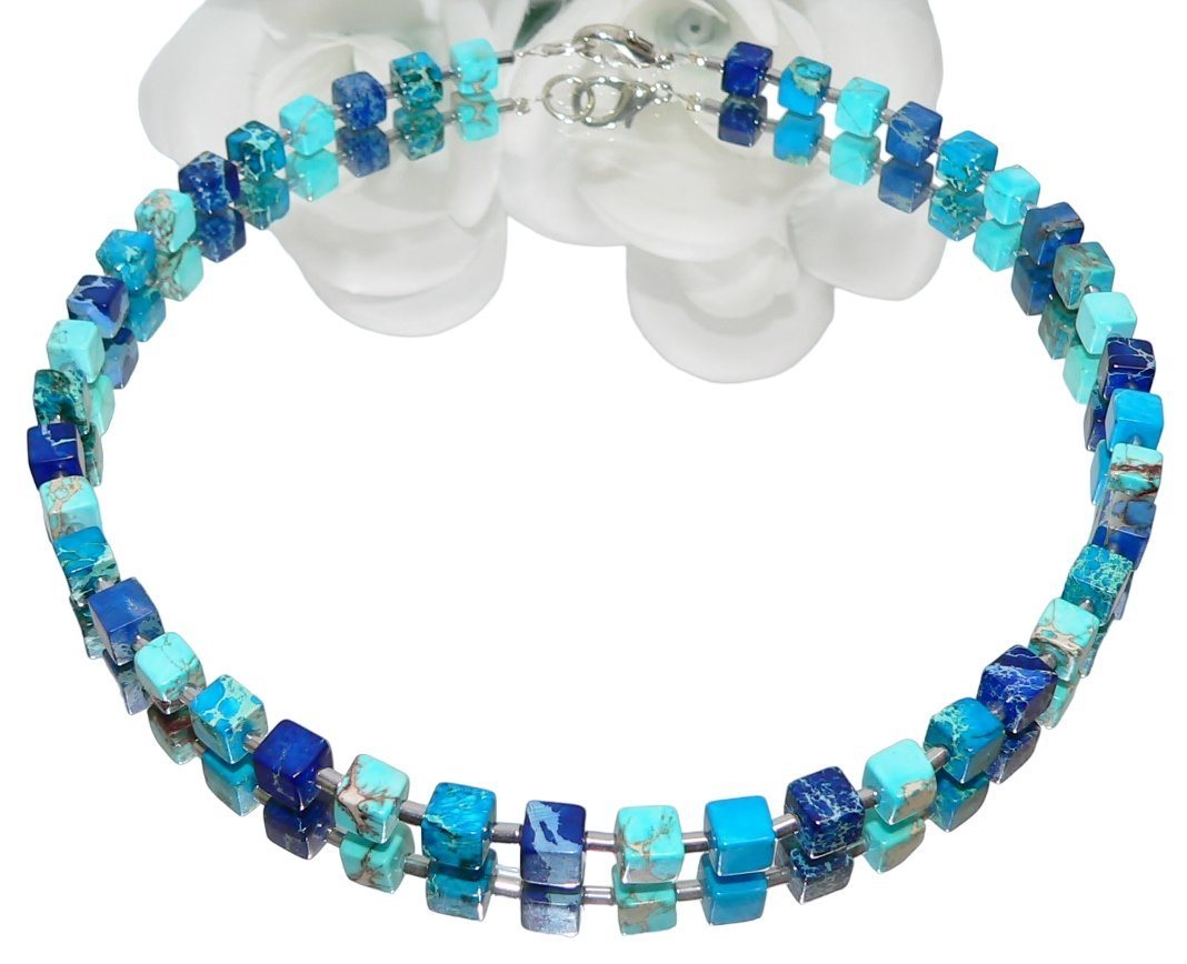 traumschmuck Kette ohne Anhänger 213d Halskette Schmuckstein Edelsteinkette Würfel JASPIS blau türkis (incl. Schmuckbox), handgefertigt, Made in Germany von traumschmuck