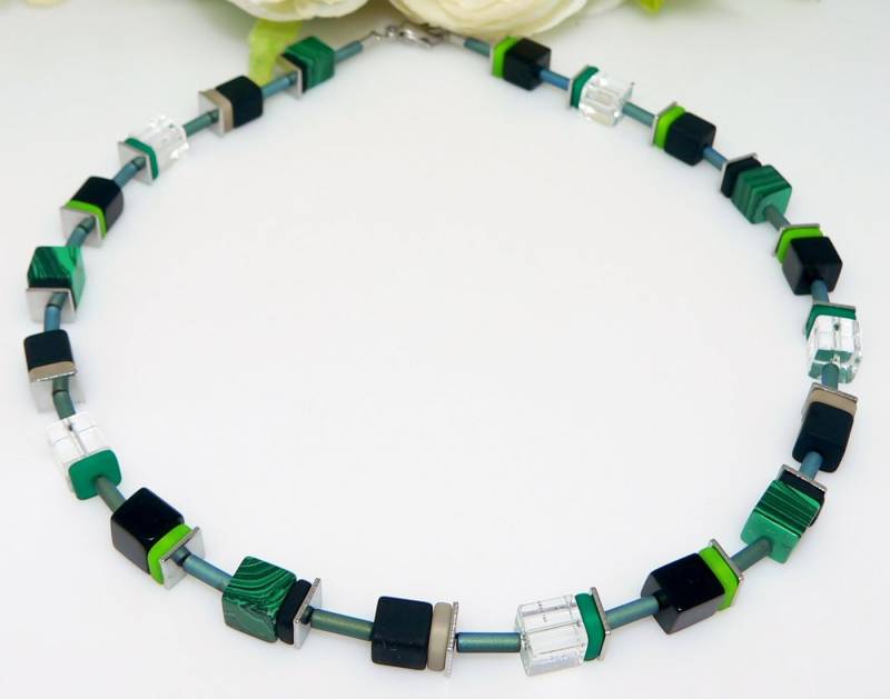 traumschmuck Kette ohne Anhänger 512e Traum Halskette Würfel Polaris Malachit grün schwarz lemon (incl. Schmuckbox), handgefertigt, Made in Germany von traumschmuck