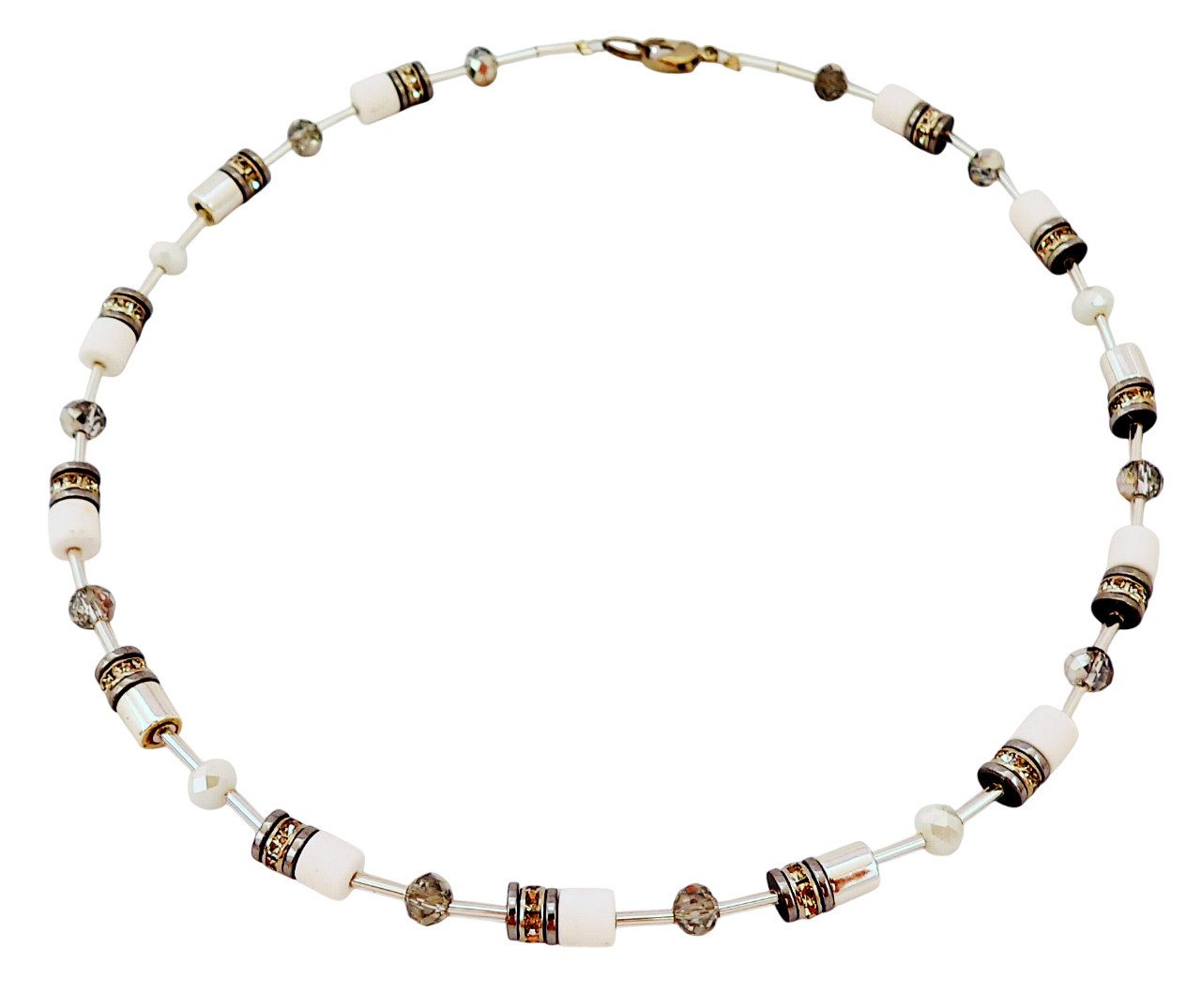 traumschmuck Kette ohne Anhänger 604 Halskette Walzen weiß Hämatit silberfarben Kristallglas Strass (inkl Schmuckbox), handgefertigt, Made in Germany von traumschmuck