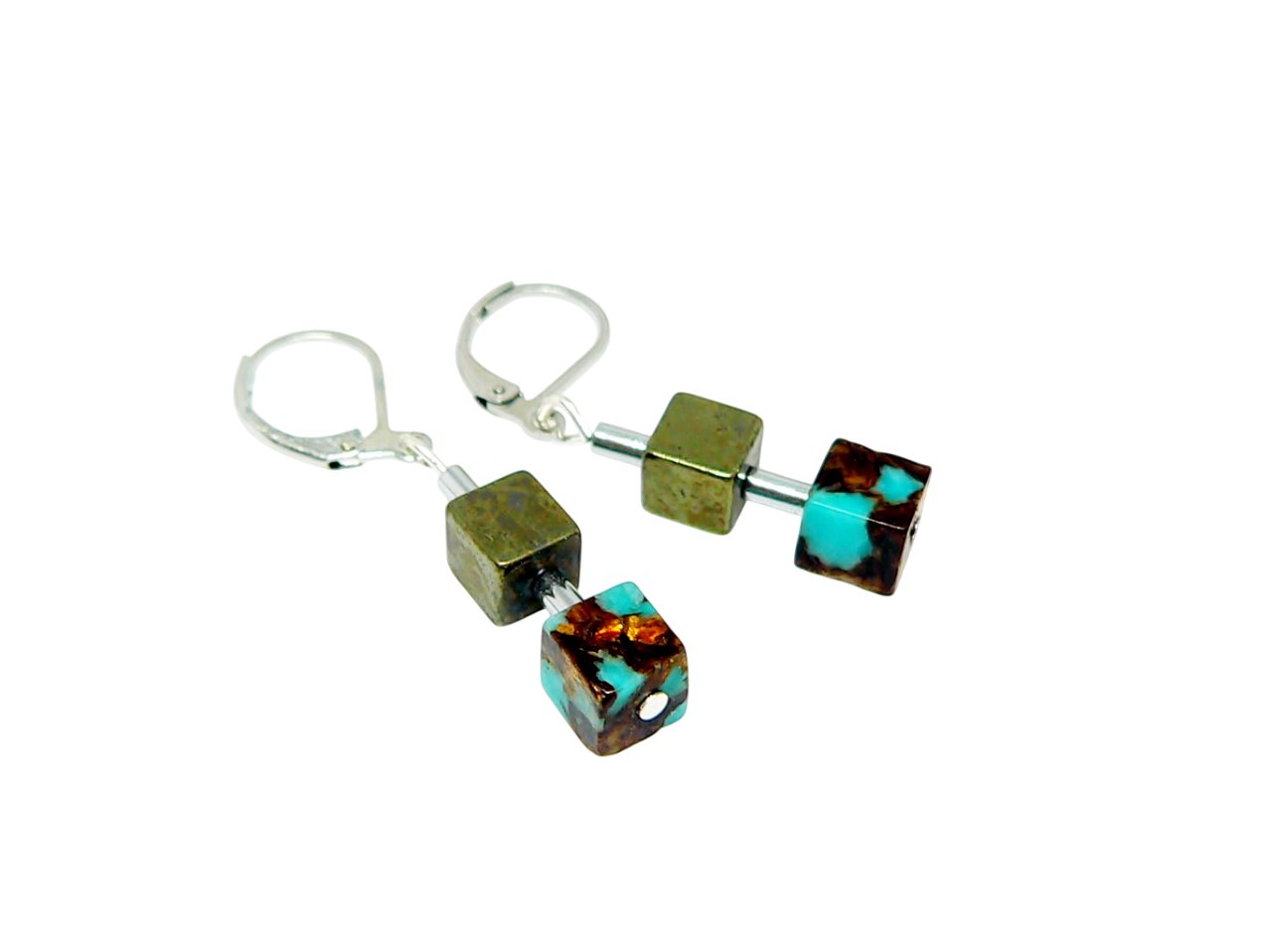 traumschmuck Ohrhänger-Set 213mo OhrhängerJaspis Würfel 6mm türkis braun kupfer Pyrit (Geschenk, Muttertag, Weihnachten, Geburtstag, Valentinstag, incl. Schmuckbox) von traumschmuck