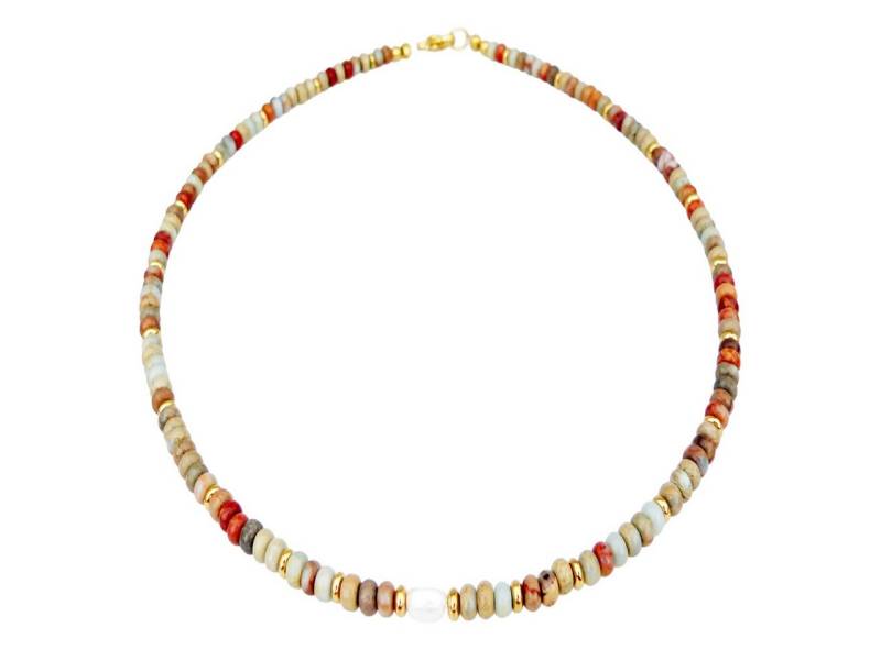 traumschmuck Perlenkette 040a Halskette Edelstein Aqua Terra Jaspis Süsswasserperle 24k (inkl Schmuckbox), handgefertigt, Made in Germany von traumschmuck