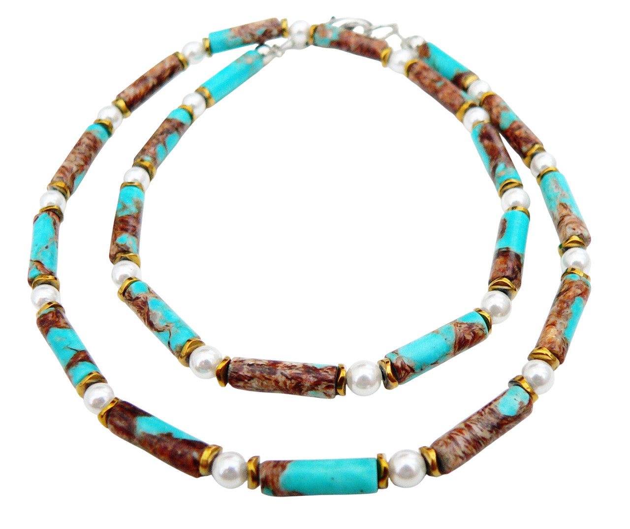 traumschmuck Perlenkette 041c Halskette Sediment Jaspis Süsswasserperle türkis marmoriert, handgefertigt, Made in Germany von traumschmuck